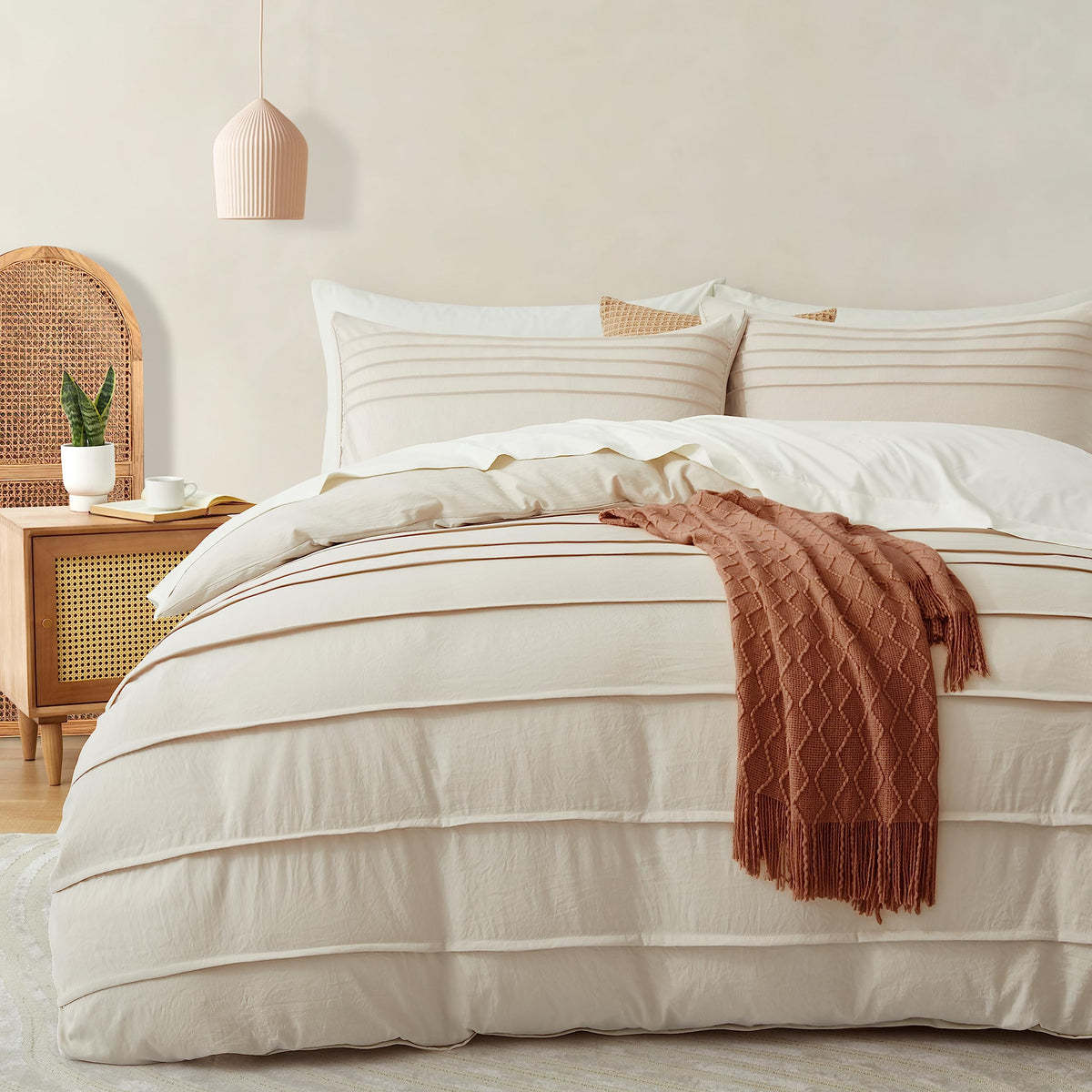 Oli Anderson 3PCS Pleated Duvet Cover Set, Beige, King