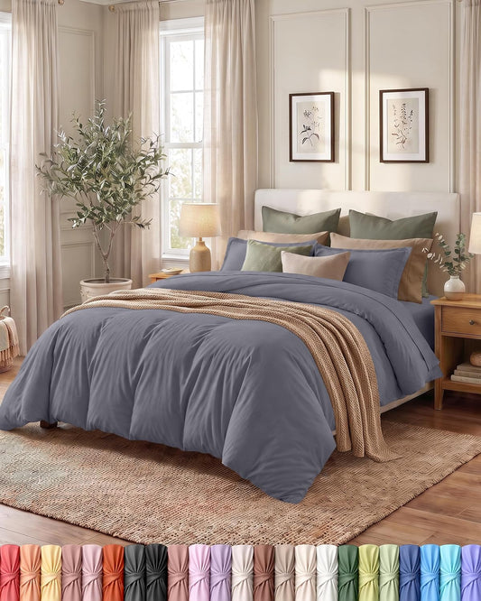 Duvet Cover Queen, 3 Piece Cotton Like Polyester with Zipper Closure, Grey
