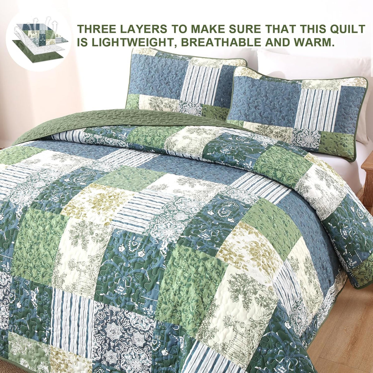 Drucon Green Patchwork Queen Quilt Set, Spring Summer Bedspreads Bedding Set, 3 Pieces Lightweight Soft Plaid Coverlet with 2 Pillow Shams for All Season 96x90 Inch