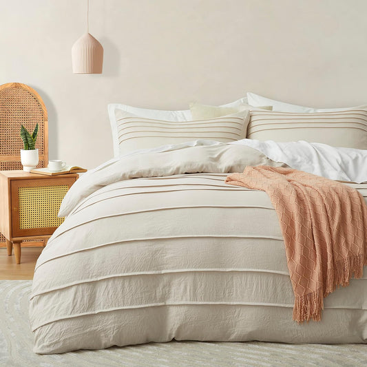 Oli Anderson 3PCS Pleated Duvet Cover Set, Beige, King