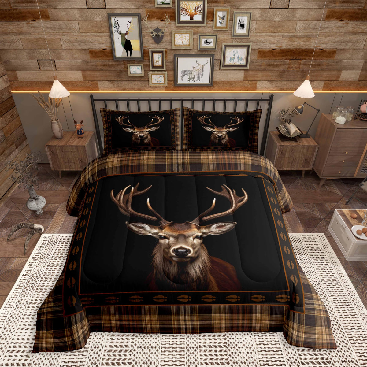 Homewish Jungle Cabin Comforter Set,Moose Animal Pine Trees Bedding Sets for Kids Teens Adults,Retro Wooden Stripes Rustic Farmhouse Quilted Comforter with 2 Pillowcases Queen Size 3 Pcs