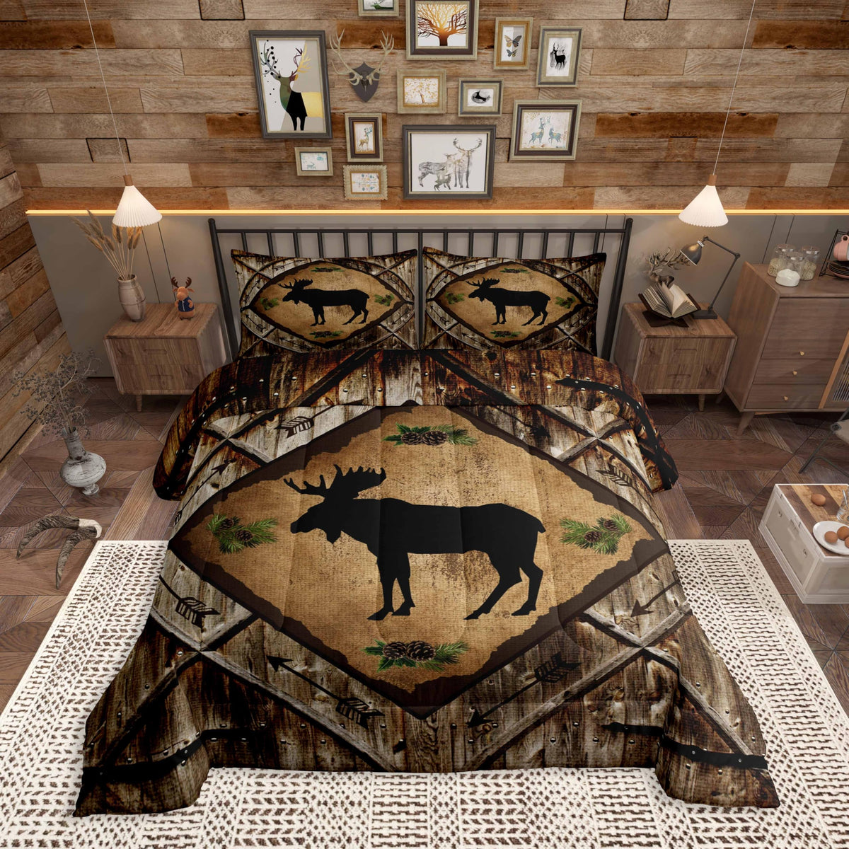 Homewish Jungle Cabin Comforter Set,Moose Animal Pine Trees Bedding Sets for Kids Teens Adults,Retro Wooden Stripes Rustic Farmhouse Quilted Comforter with 2 Pillowcases Queen Size 3 Pcs