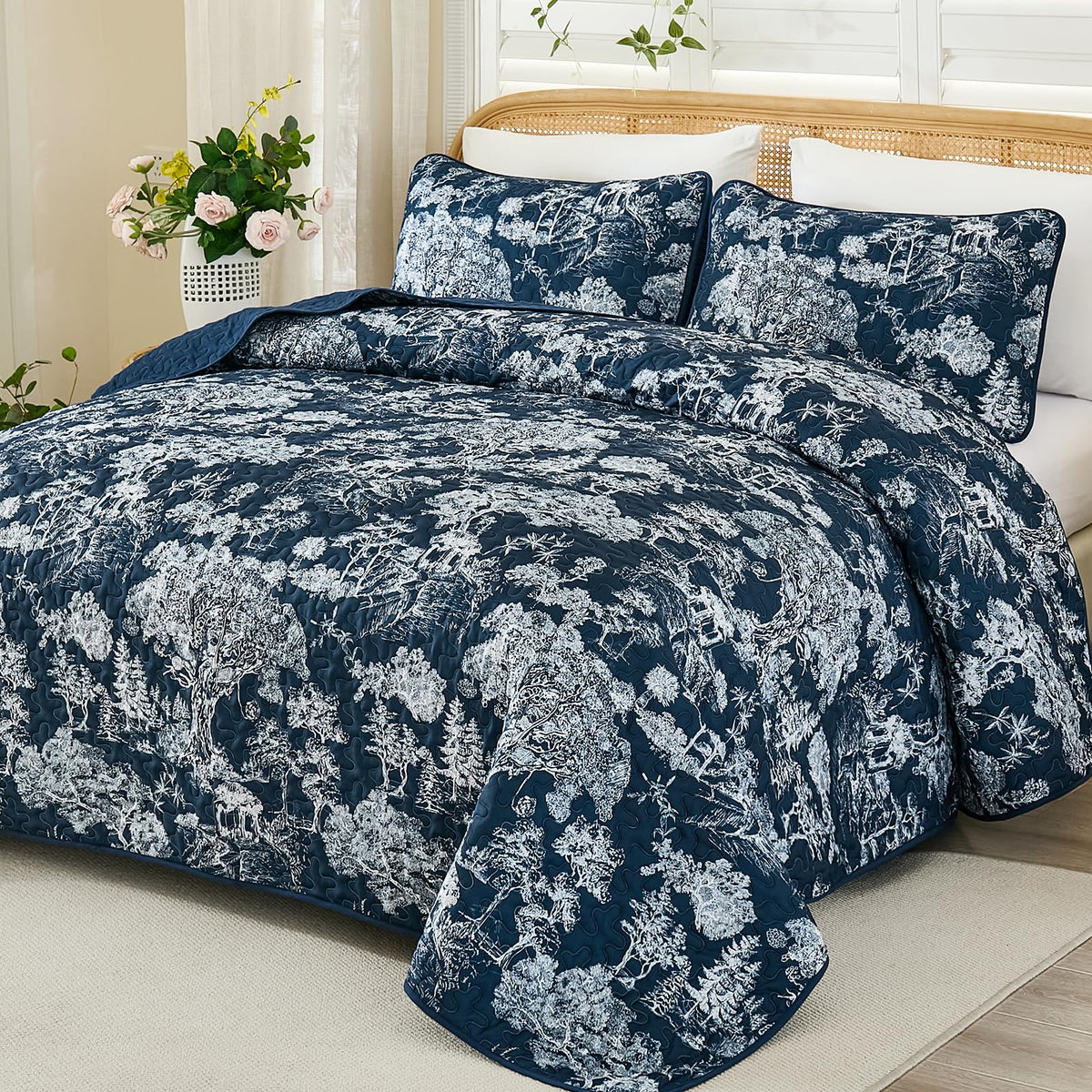 WONGS BEDDING Sage Green Quilt Set King Size, Botanical Floral Bedspread