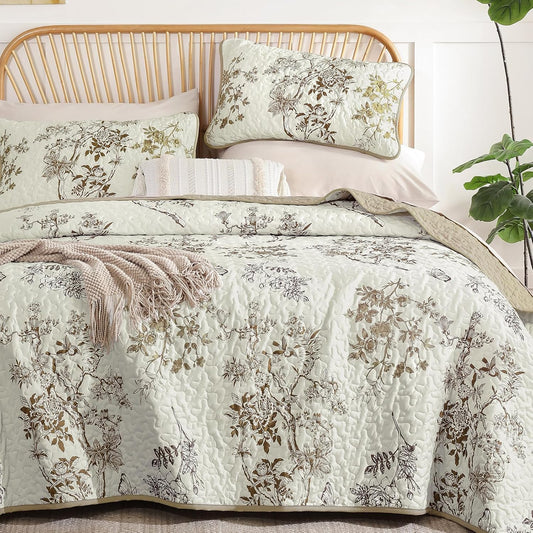WONGS BEDDING Floral Quilt Set King, 3 Pcs Brown Bedspread Coverlets Set