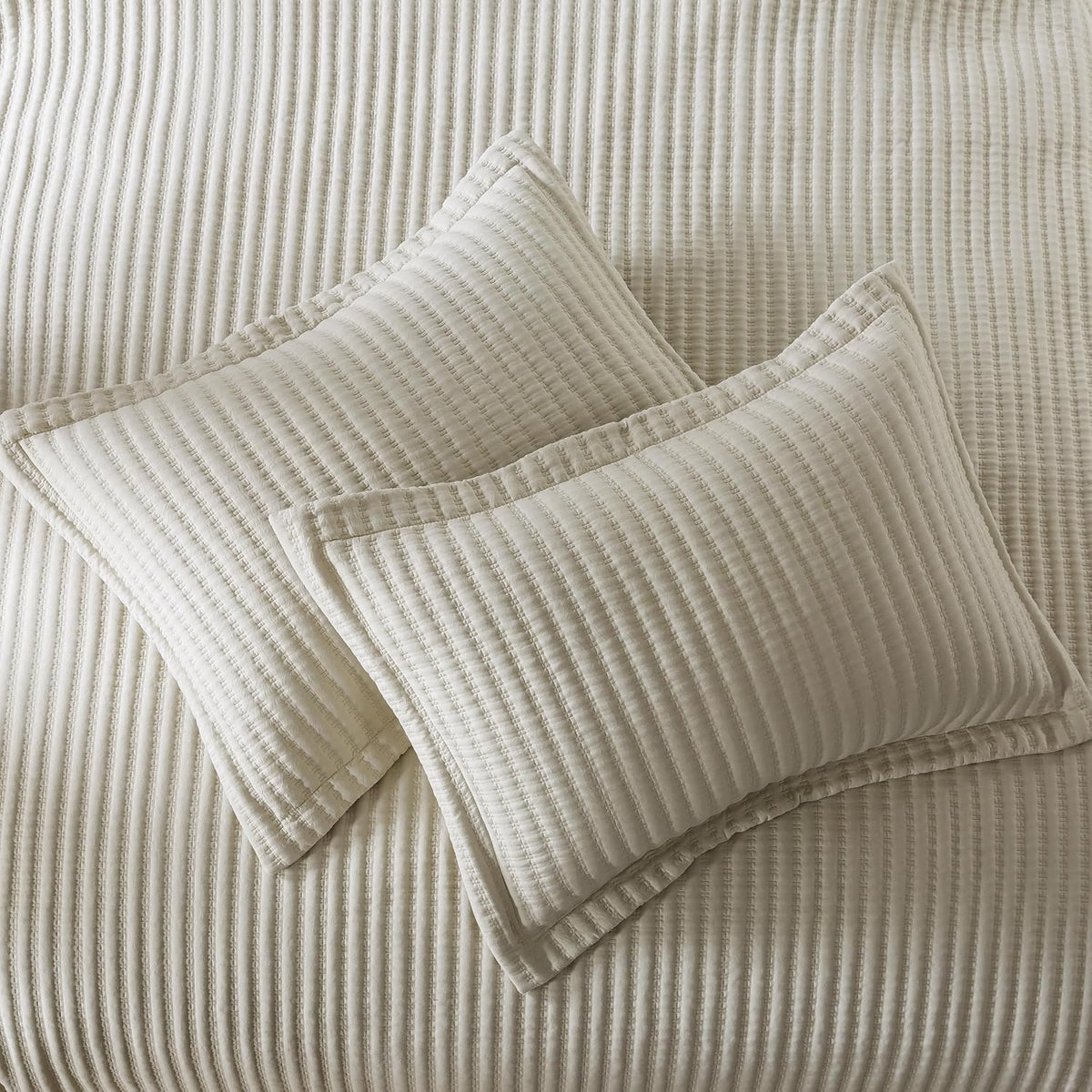 WDCOZY Beige Queen Size Quilt Set, Striped Pick Stitch Bedspread