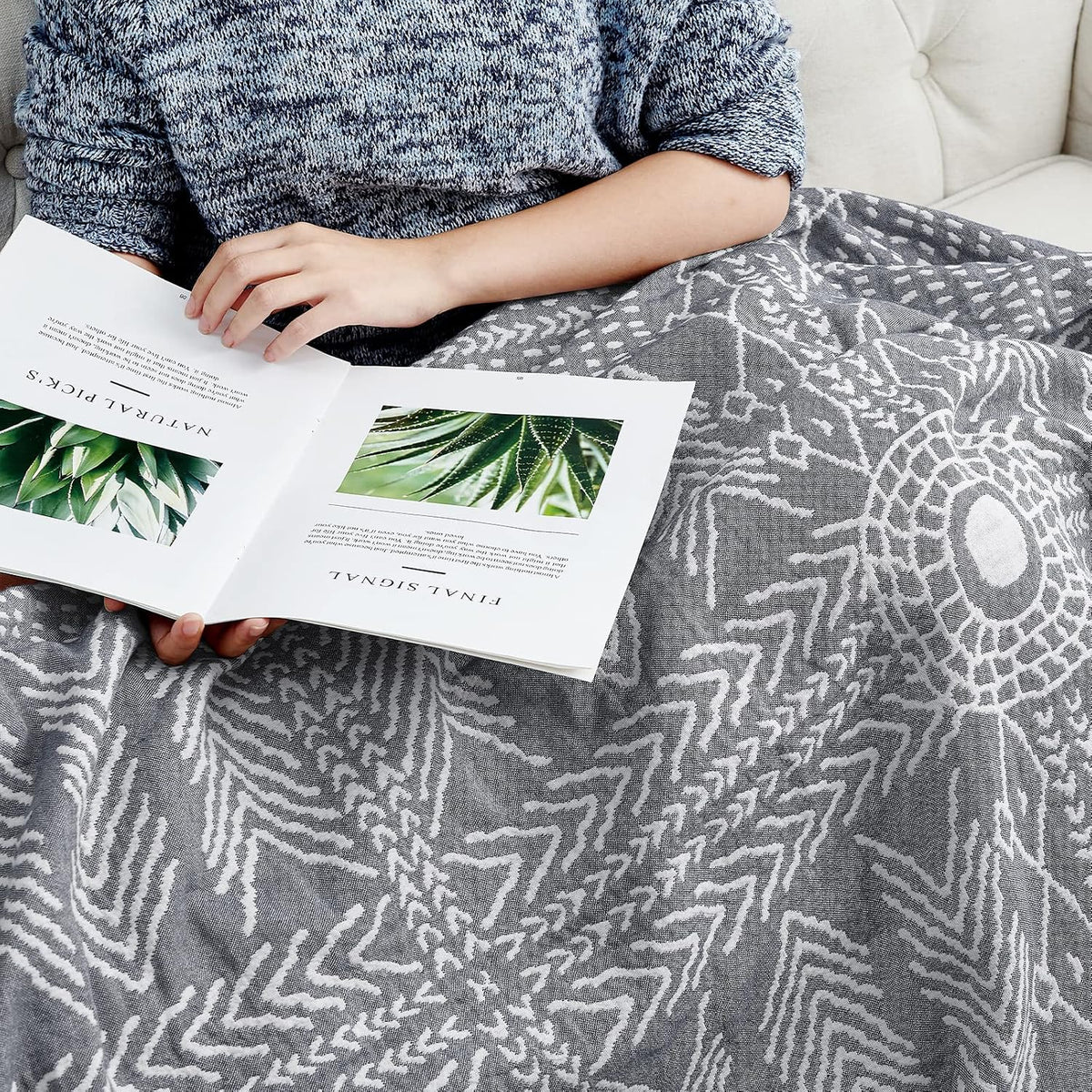 jinchan 100% Cotton Muslin Blanket Twin Boho Throw Blanket 50x60 Gray
