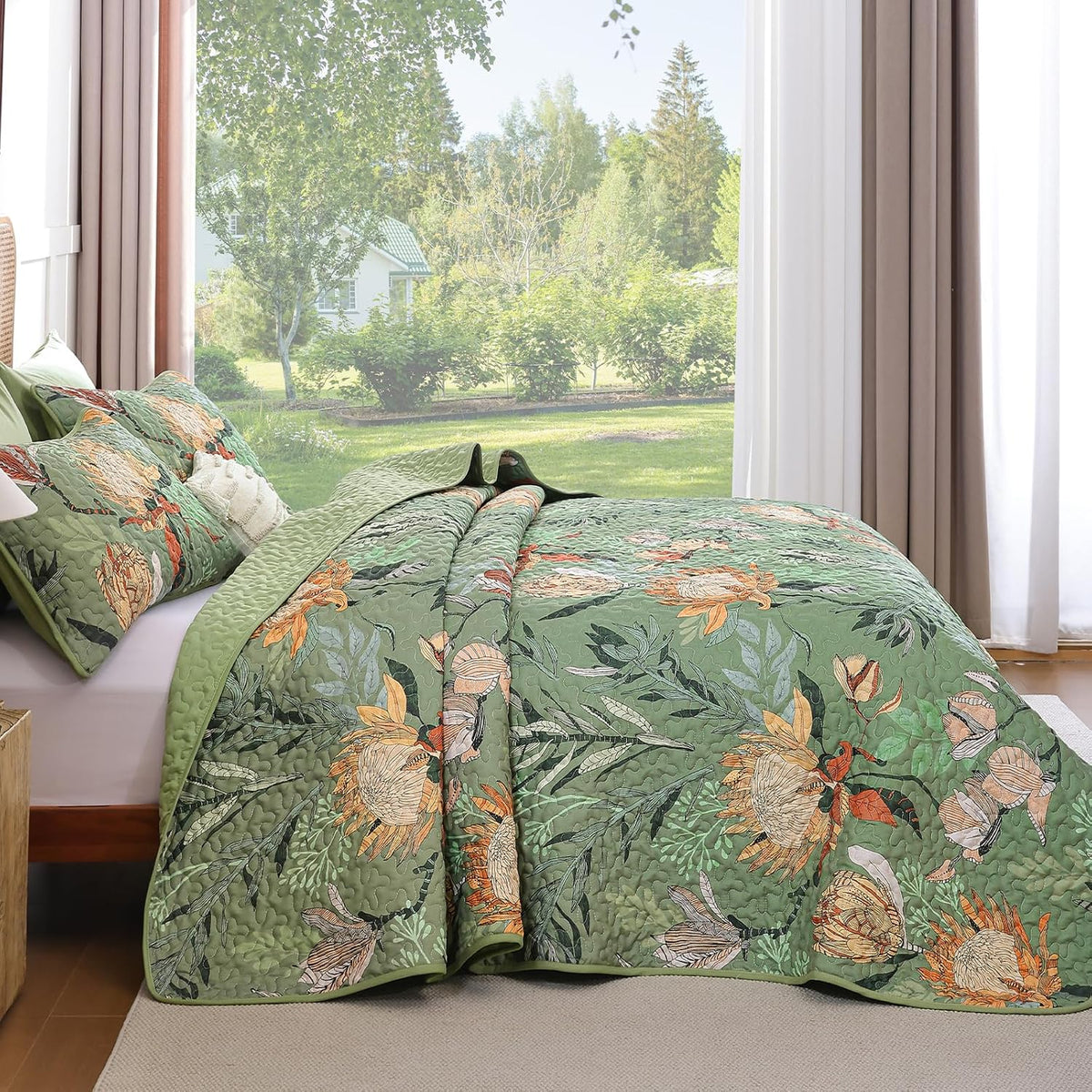 Dintszyayue Quilt King Size Green, 3 Pcs Boho Floral Bedspread Bedding Set