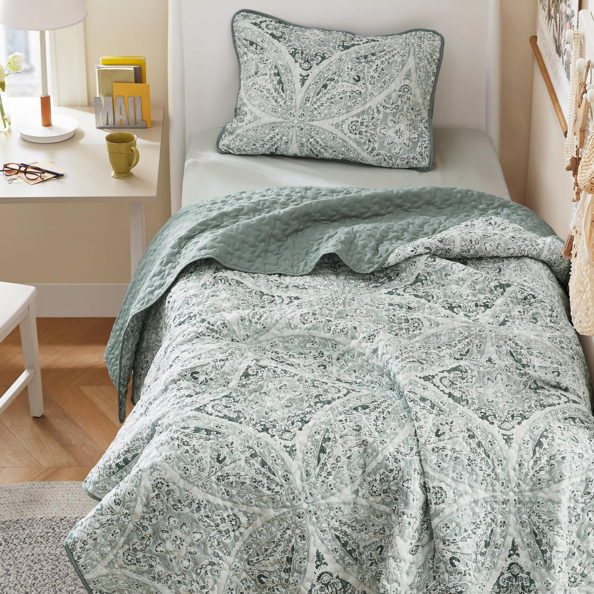 Comfort Spaces Gloria Boho Twin XL Quilt Set 2 Piece for Summer Aqua