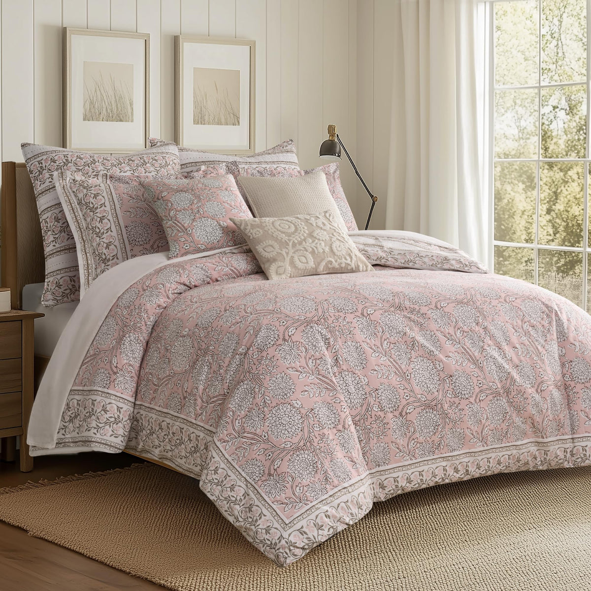 Levtex Home Adare Taupe Reversible King Duvet Cover Set (106x94in) with 2 Pillowcases (36x20in) - Floral Bedding - Taupe and White - Cotton King Size Duvet Cover Set - Soft, Pre-Washed