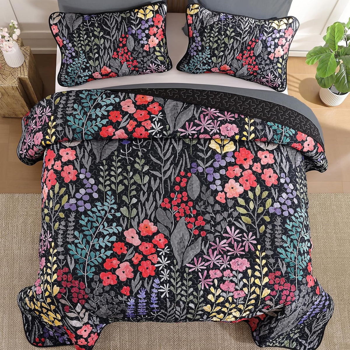 Xruibed Floral Quilt Sets King Size, 3 Pcs Soft Black Bedspread Bedding Set