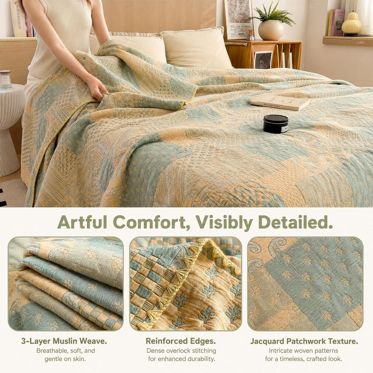 100% Cotton Muslin Blanket Twin Size 4-Layer Gauze Quilted Lightweight Breathable Cooling Bed Blanket for Adults, Soft Summer Bed & Couch Cover All Season (Yellow-Gray, Twin 60 * 80 in)