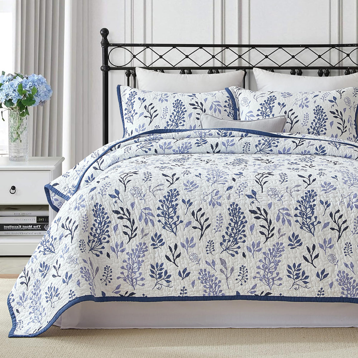 100% Cotton King Quilt Set Taupe Floral Bedding and 2 Pillow Shams