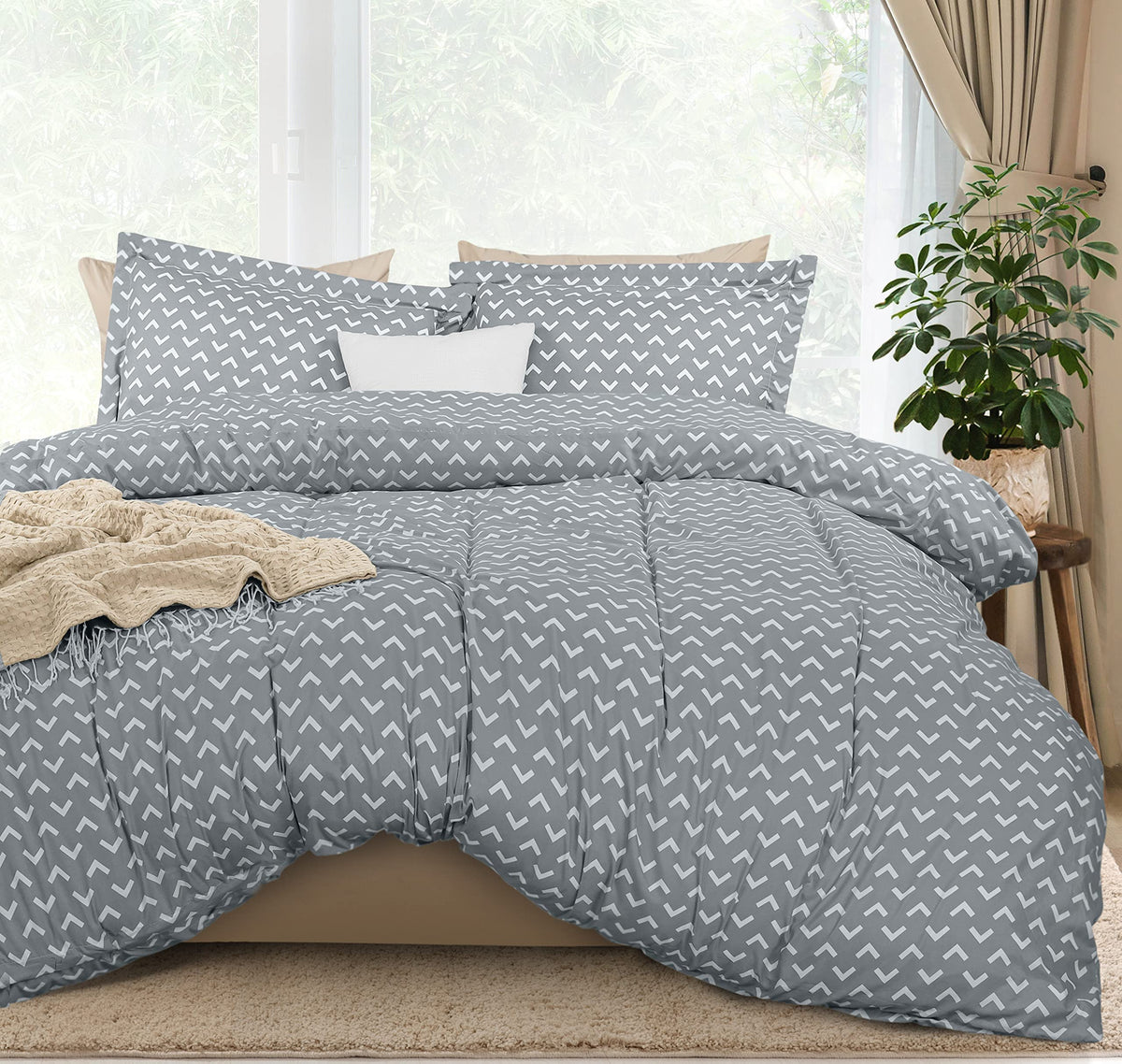 Duvet Cover Queen, 3 Piece Cotton Like Polyester with Zipper Closure, Grey