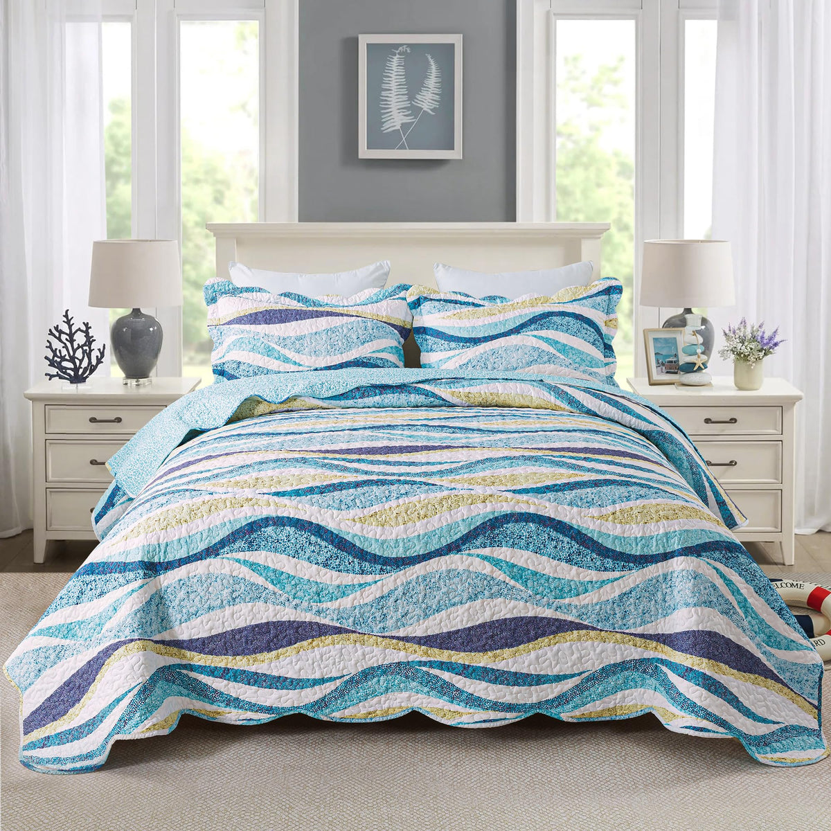 HoneiLife Oversized King Bedspreads 120x120 - Beach Quilt 3 Pieces, Coastal Quilt Sets, California King Quilt, Nautical Bedspreads Ocean Coverlets, Lightweight Bed Cover, Summer Quilts