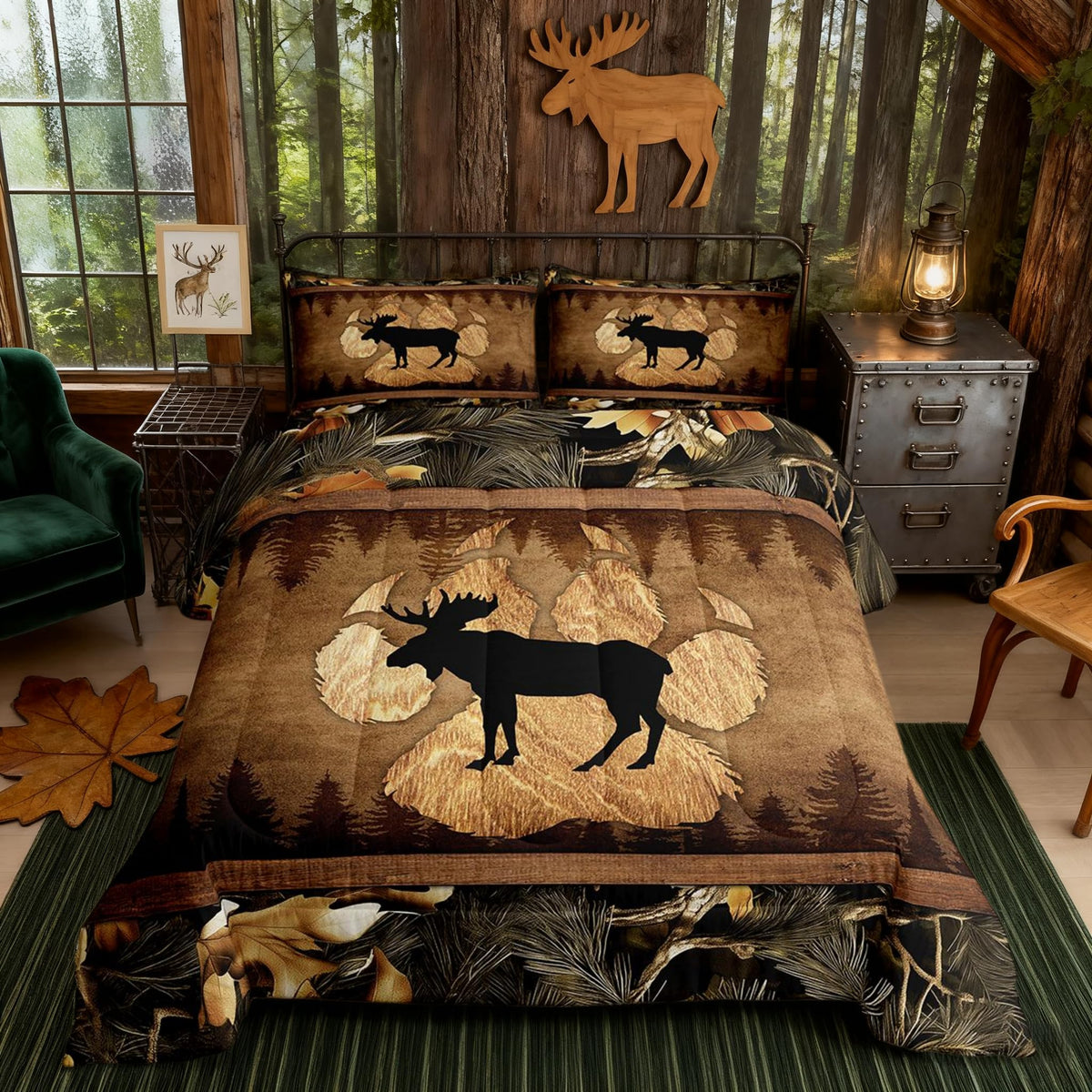 Homewish Jungle Cabin Comforter Set,Moose Animal Pine Trees Bedding Sets for Kids Teens Adults,Retro Wooden Stripes Rustic Farmhouse Quilted Comforter with 2 Pillowcases Queen Size 3 Pcs
