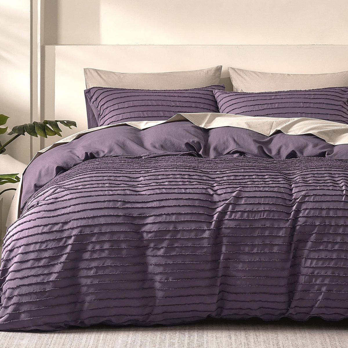 JELLYMONI White Striped Tufted Duvet Cover Set Queen Size