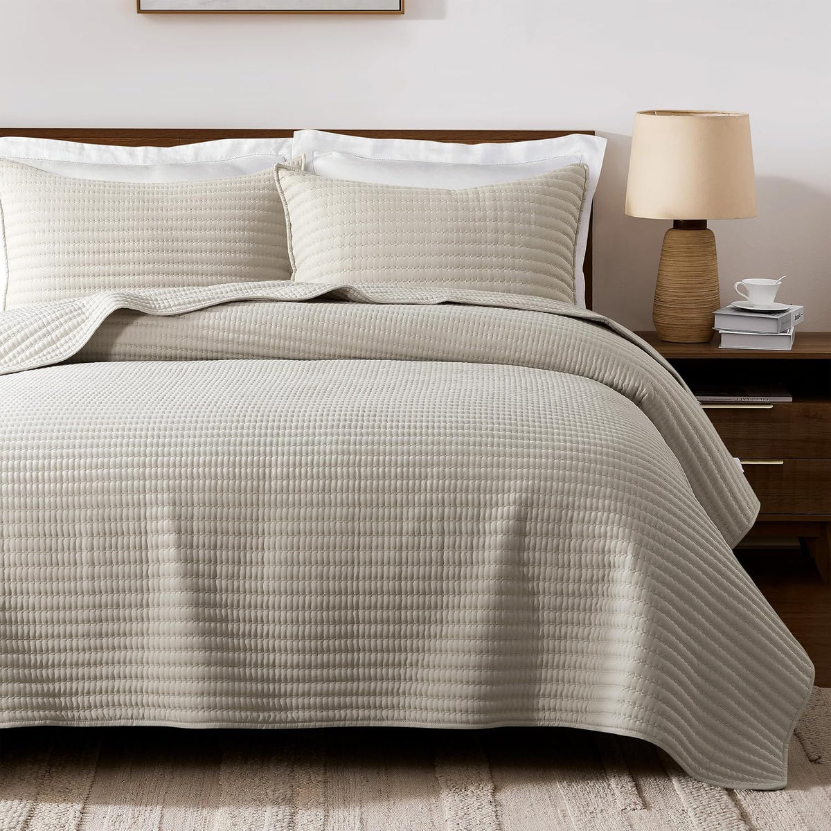 palassio King Quilt Bedding Set Channel Pick Stitch Striped Beige Coverlet