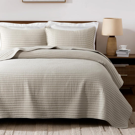 palassio King Quilt Bedding Set Channel Pick Stitch Striped Beige Coverlet