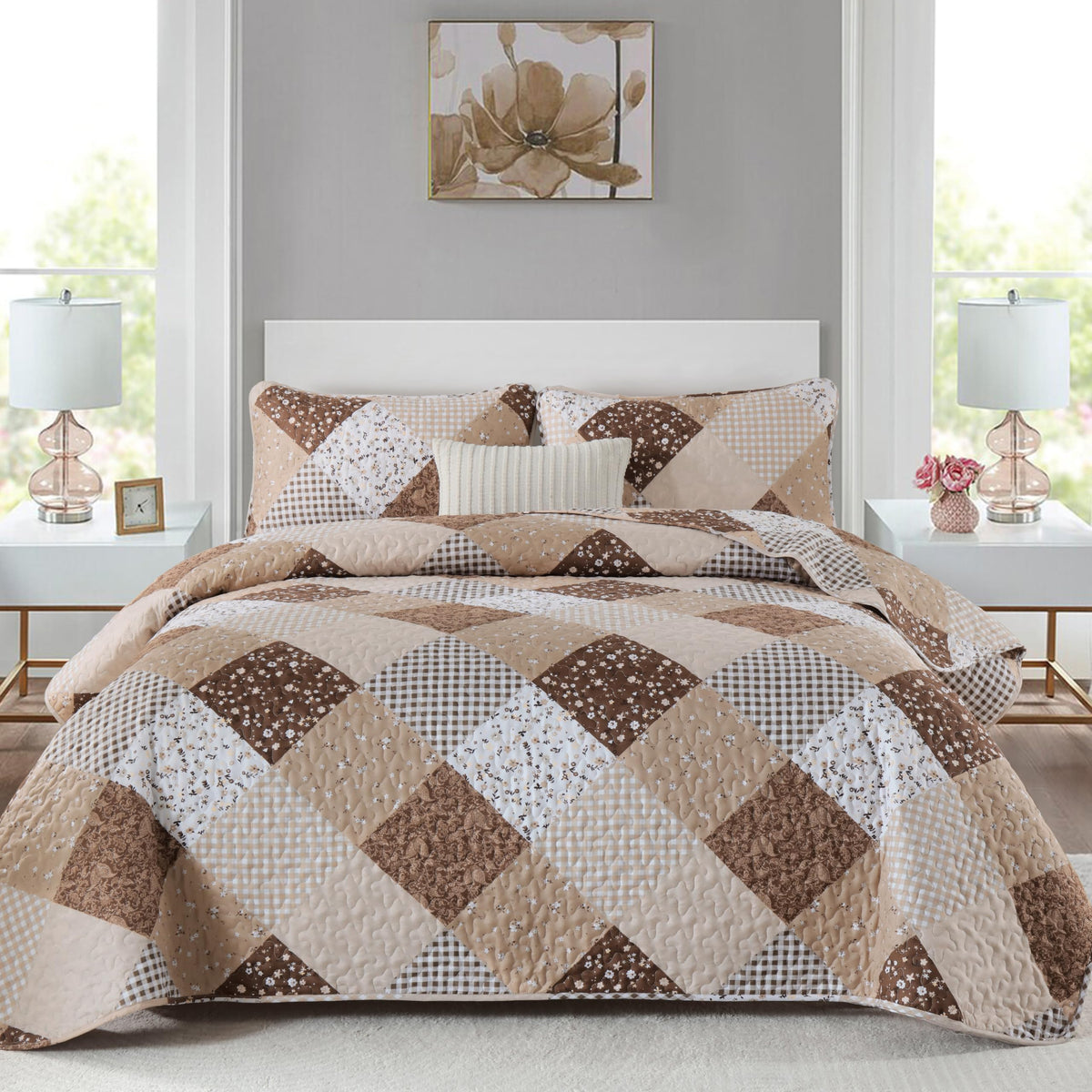 Dinjoy Boho Quilt Set Full Size, Patchwork Floral Bedspreads, Purple