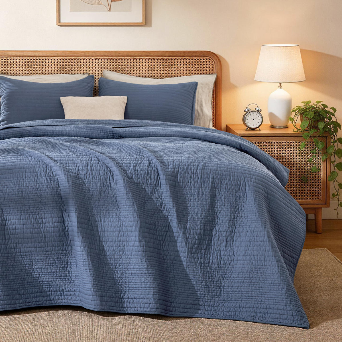 Love's cabin Queen Size Cotton Quilt Set, 100% Cotton Fabric Striped Textured Coverlet with Crinkled Look, Lightweight Quilted Bedspread for All Season, Includes 2 Pillow Shams, White