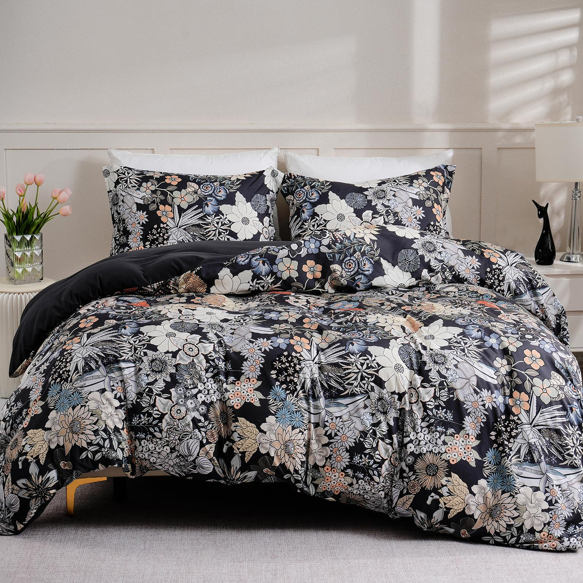 LONAVA Queen Floral 3 Pcs Duvet Cover Set, Breathable Soft Microfiber Glass Green Lining Comforter Cover with Zipper Closure, and 2 Anti-Pilling, Fade Resistant Pillowcases, Fall Floral