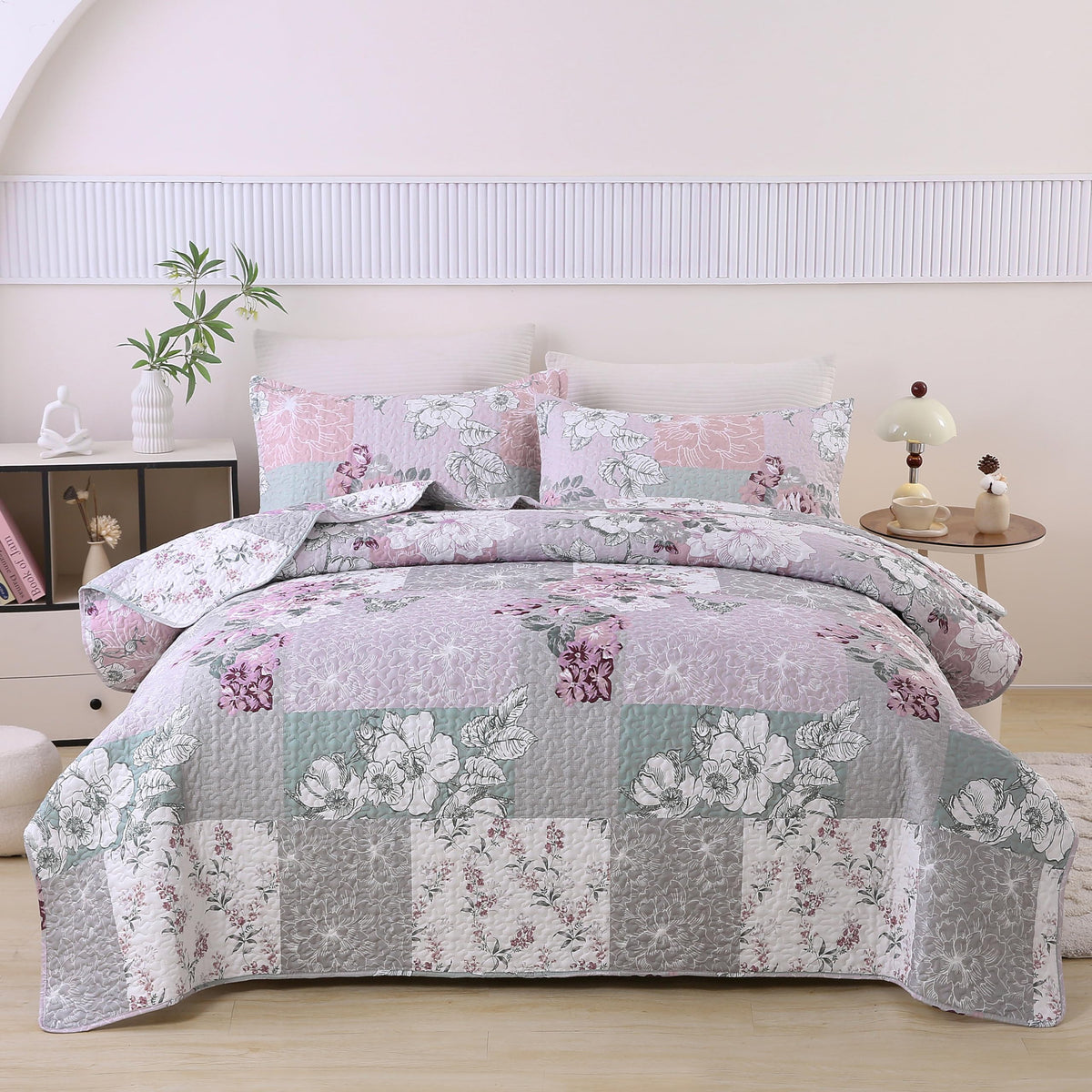 DURLENGEN Botanical Quilt California King Size,Reversible Bedding Set,Beige
