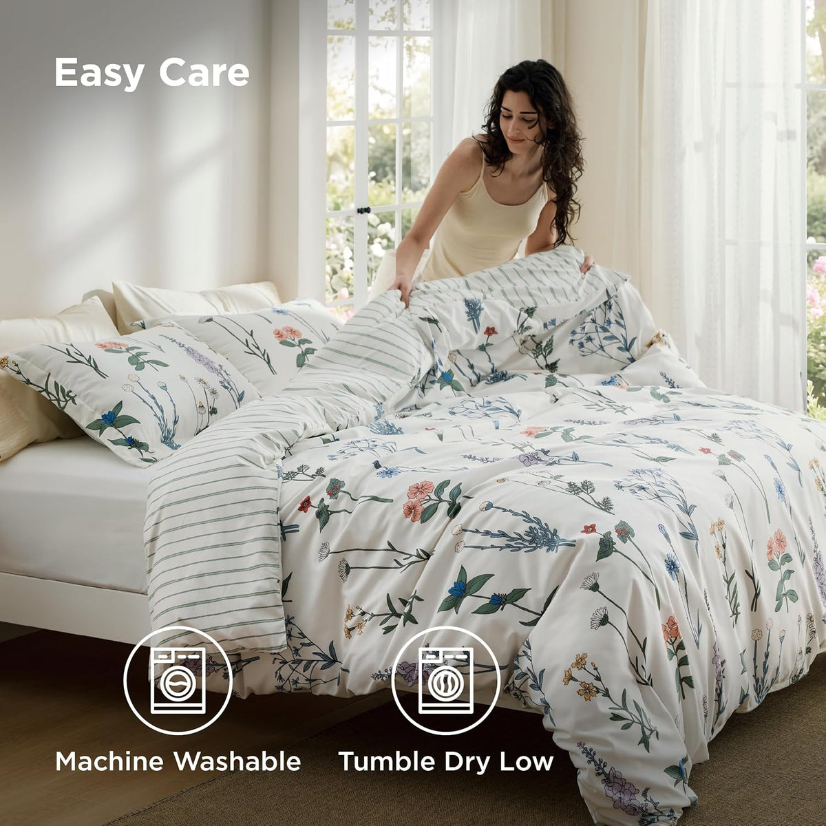 Bedsure Duvet Cover Queen Size - Reversible Cute Floral Duvet Cover Set with Zipper Closure, 3 Pieces White Bedding Set with 8 Corner Ties and 2 Pillow Shams 20"x26"