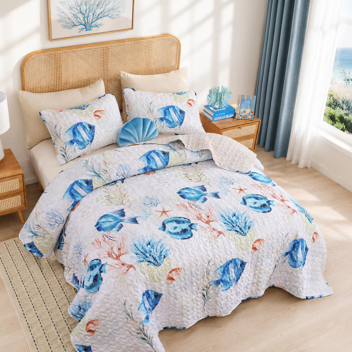weigelia Coastal Quilt Twin Size, Sea Turtle Lightweight Summer Bedding