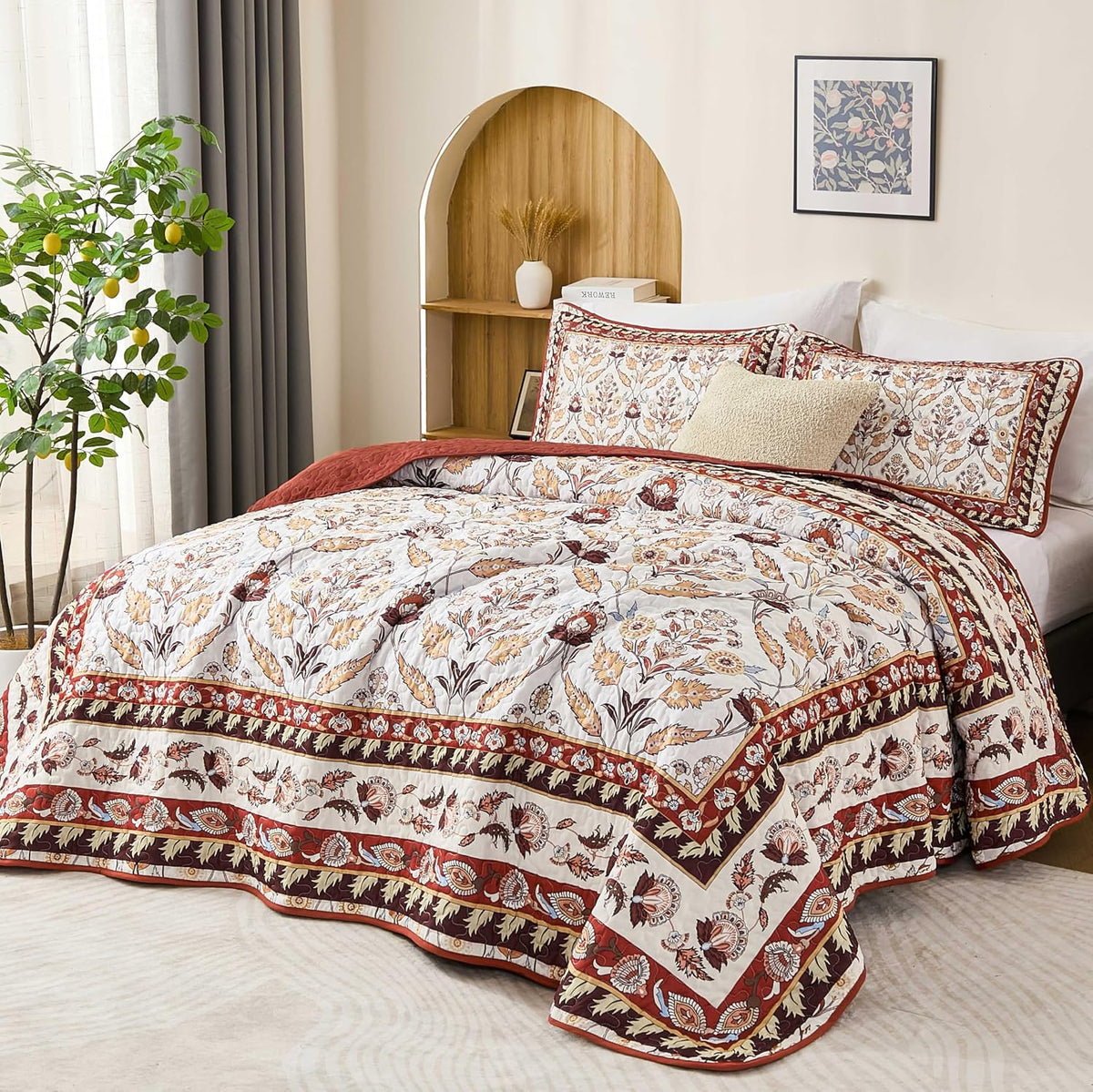 DJY King Size Quilt Sets, Burgundy Floral Quilt Set King 3 Pieces Red Boho Bedspread Coverlet Set with 2 Pillowcases Soft Lightweight Microfiber Bedding for All Season (104"x90")