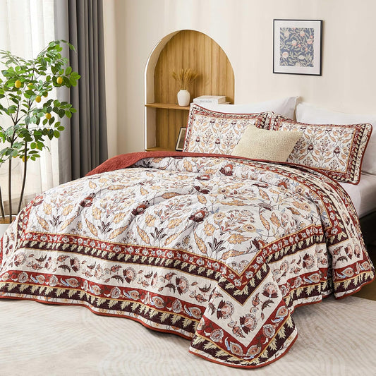 DJY King Size Quilt Sets, Burgundy Floral Quilt Set King 3 Pieces Red Boho Bedspread Coverlet Set with 2 Pillowcases Soft Lightweight Microfiber Bedding for All Season (104"x90")