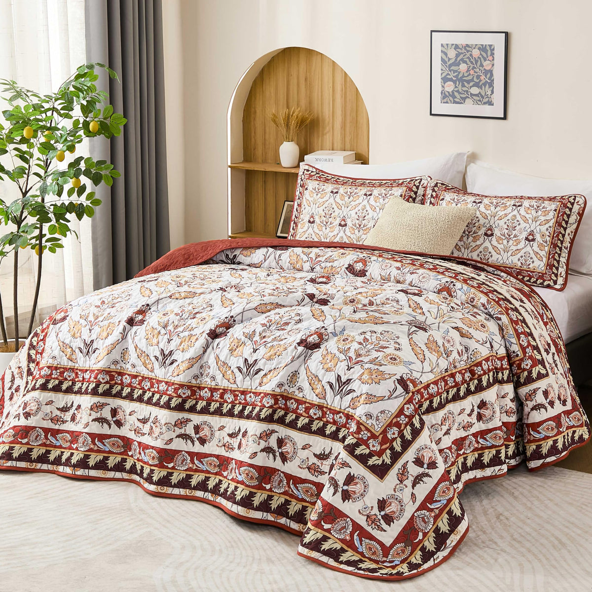 DJY King Size Quilt Sets, Burgundy Floral Quilt Set King 3 Pieces Red Boho Bedspread Coverlet Set with 2 Pillowcases Soft Lightweight Microfiber Bedding for All Season (104"x90")