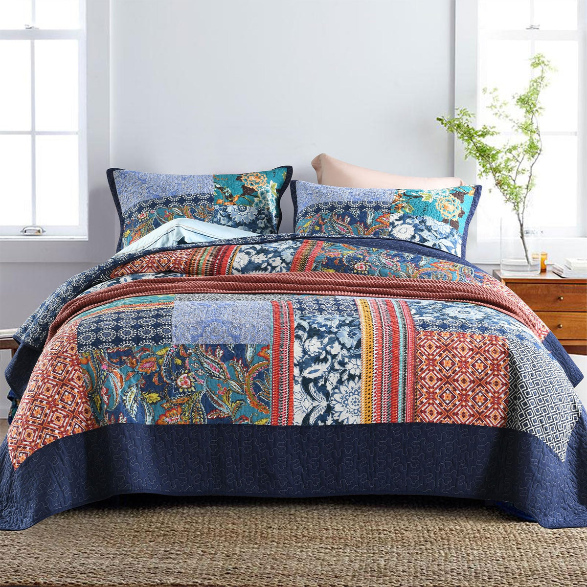 Secgo California King Quilt Size - 100% Cotton Oversized California Comforter Set Green Bedding Sets (120 * 110 Inch) with 2 Pillow Shams, Patchwork Reversible Lightweight Bedspread