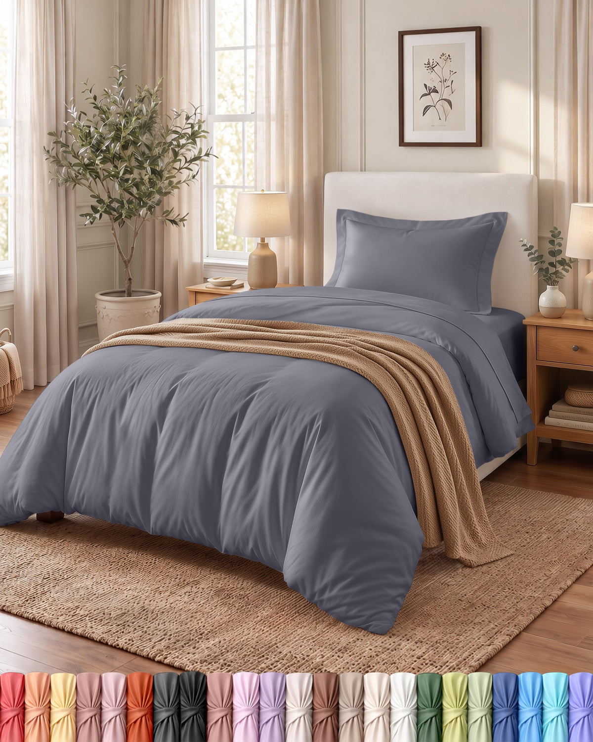Duvet Cover Queen, 3 Piece Cotton Like Polyester with Zipper Closure, Grey