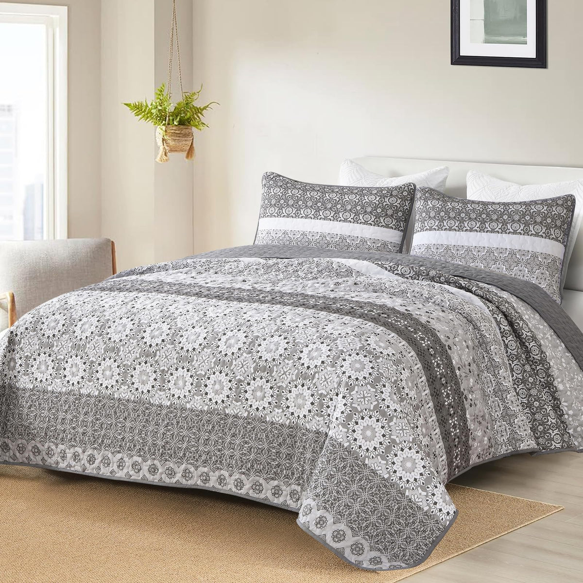 WONGS BEDDING Boho Quilt Set Queen，3 Pcs Yellow Floral Striped Bedspread