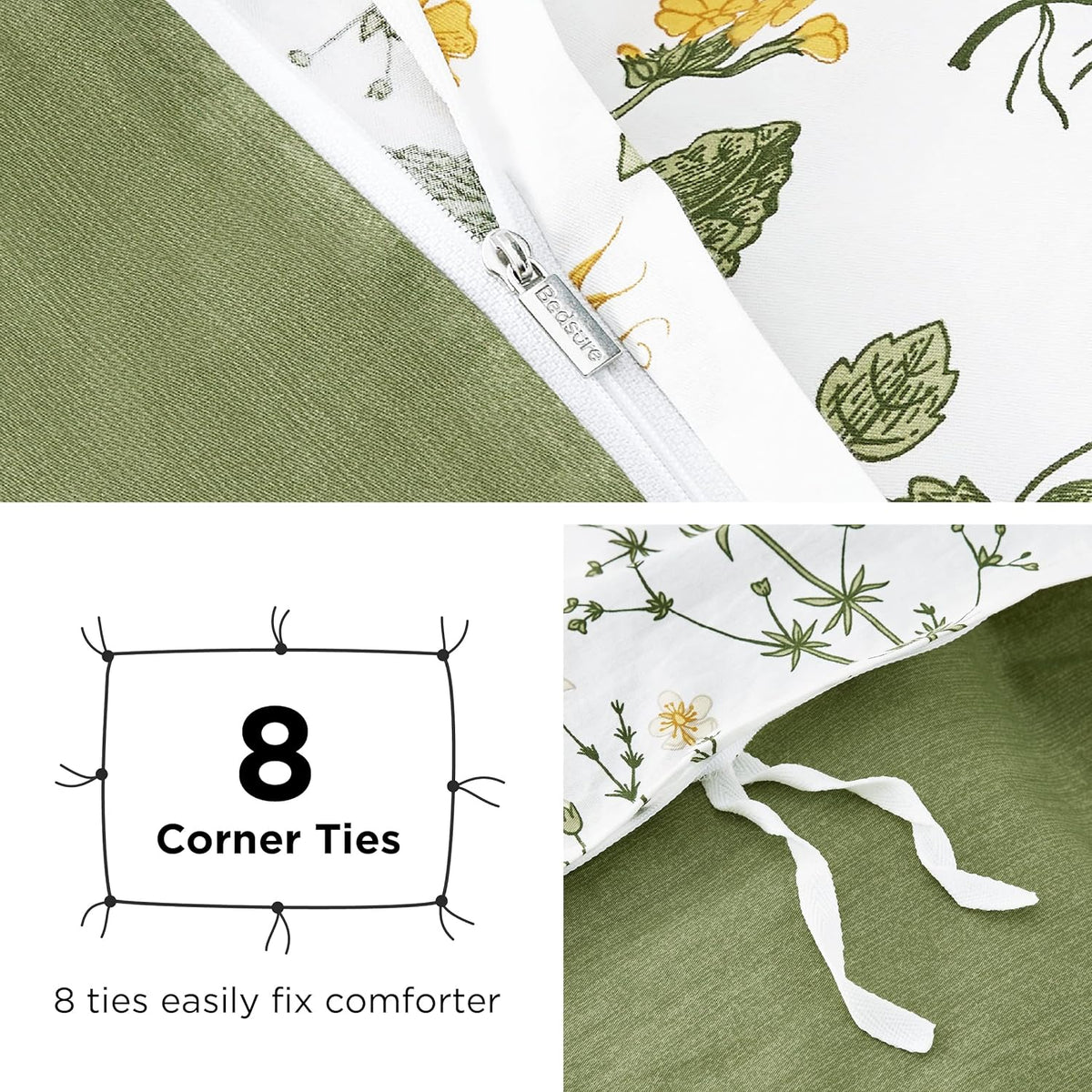 Bedsure PureWoven 100% Cotton Floral Duvet Cover Set, Queen, Green