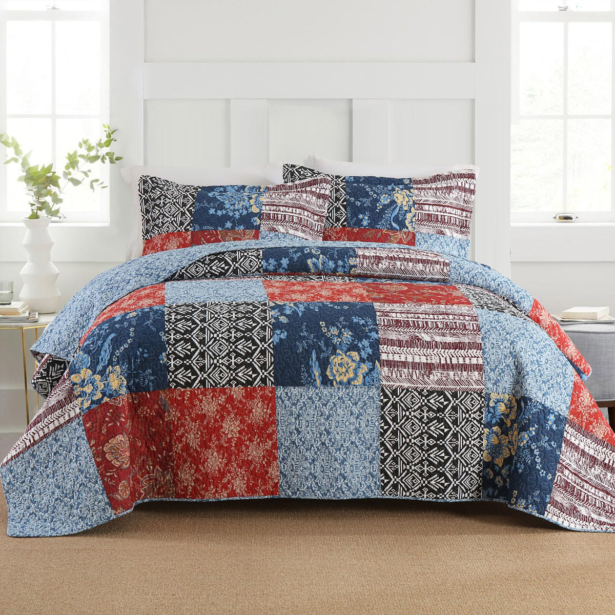 Secgo California King Quilt Size - 100% Cotton Oversized California Comforter Set Green Bedding Sets (120 * 110 Inch) with 2 Pillow Shams, Patchwork Reversible Lightweight Bedspread