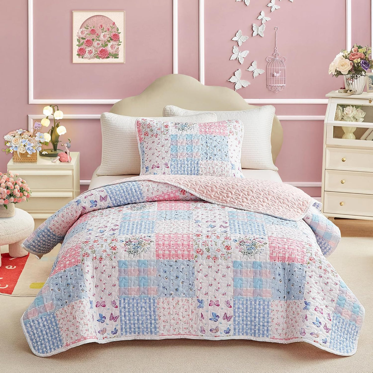 Joyreap Twin Size Quilt Set for Girls, Pink n Blue Floral Patchwork Design, 2 Pieces Soft n Cozy Microfiber Quilt, Bedspread Bed Cover for All Season- 68x88 inches