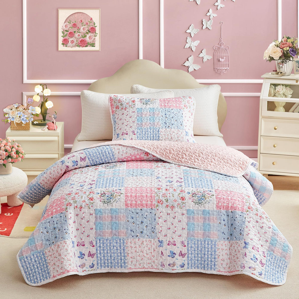 Joyreap Twin Size Quilt Set for Girls, Pink n Blue Floral Patchwork Design, 2 Pieces Soft n Cozy Microfiber Quilt, Bedspread Bed Cover for All Season- 68x88 inches