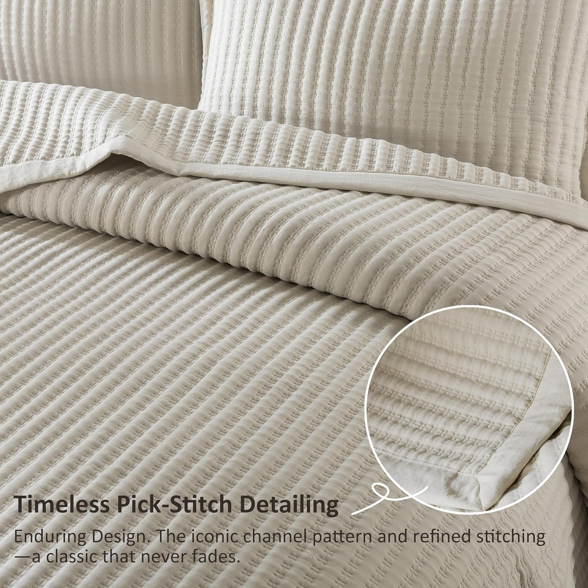 WDCOZY Beige Queen Size Quilt Set, Striped Pick Stitch Bedspread