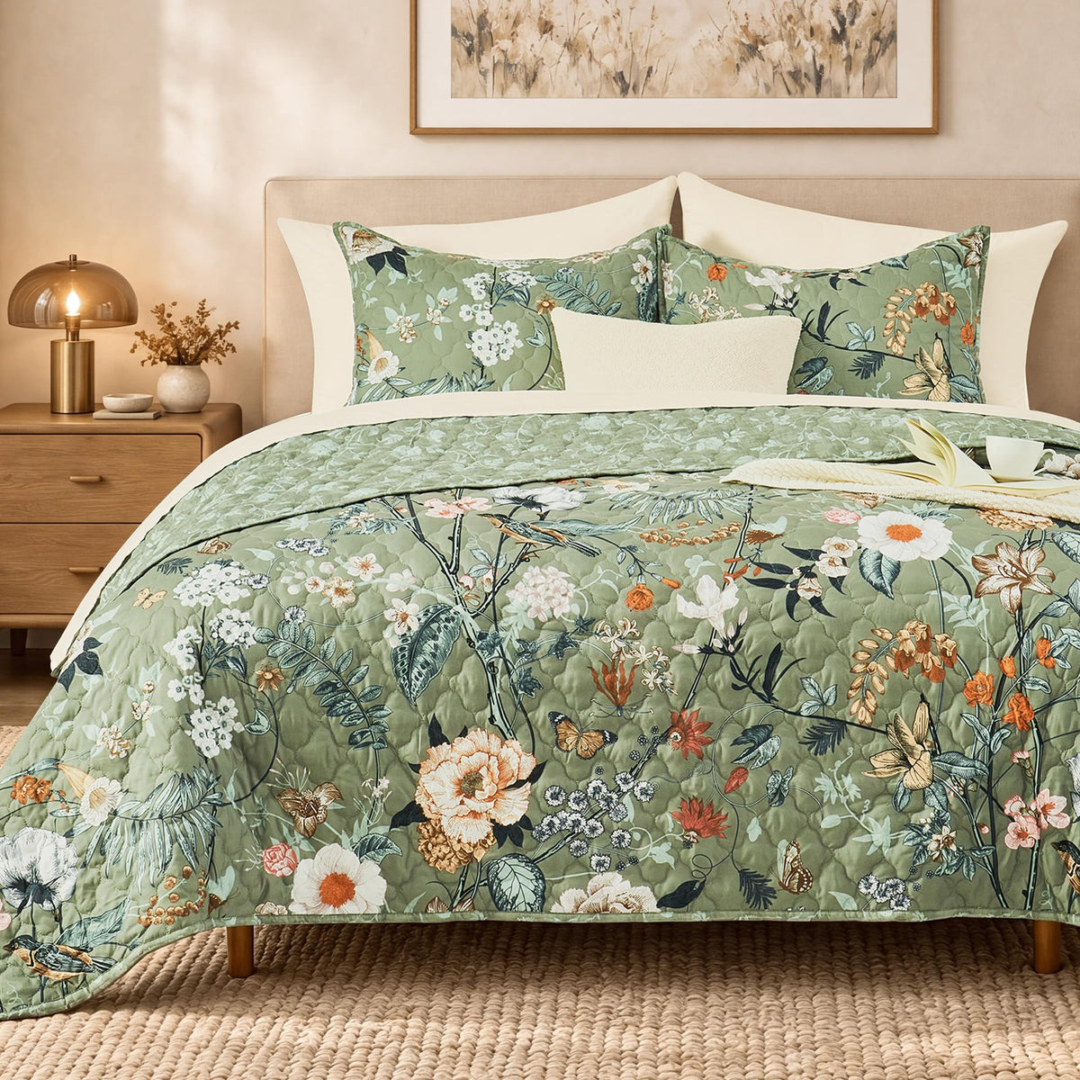 Quilts Queen Size-3 Pieces Soft Queen Bedspread Floral Patchwork Quilt