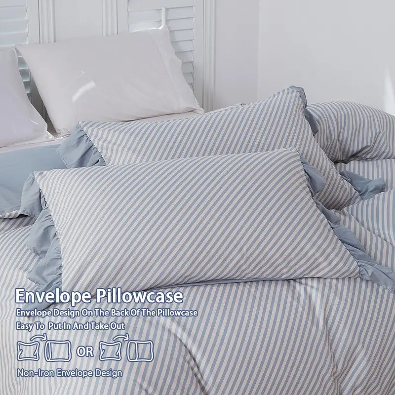 Striped Duvet Cover Set, Ruffled Design, Includes 1 Duvet Cover Without Comforter+ 2 Pillowcases Without PIllow Inserts, Soft and Comfortable, Comfy Bed Sets, Suitable for All Seasons