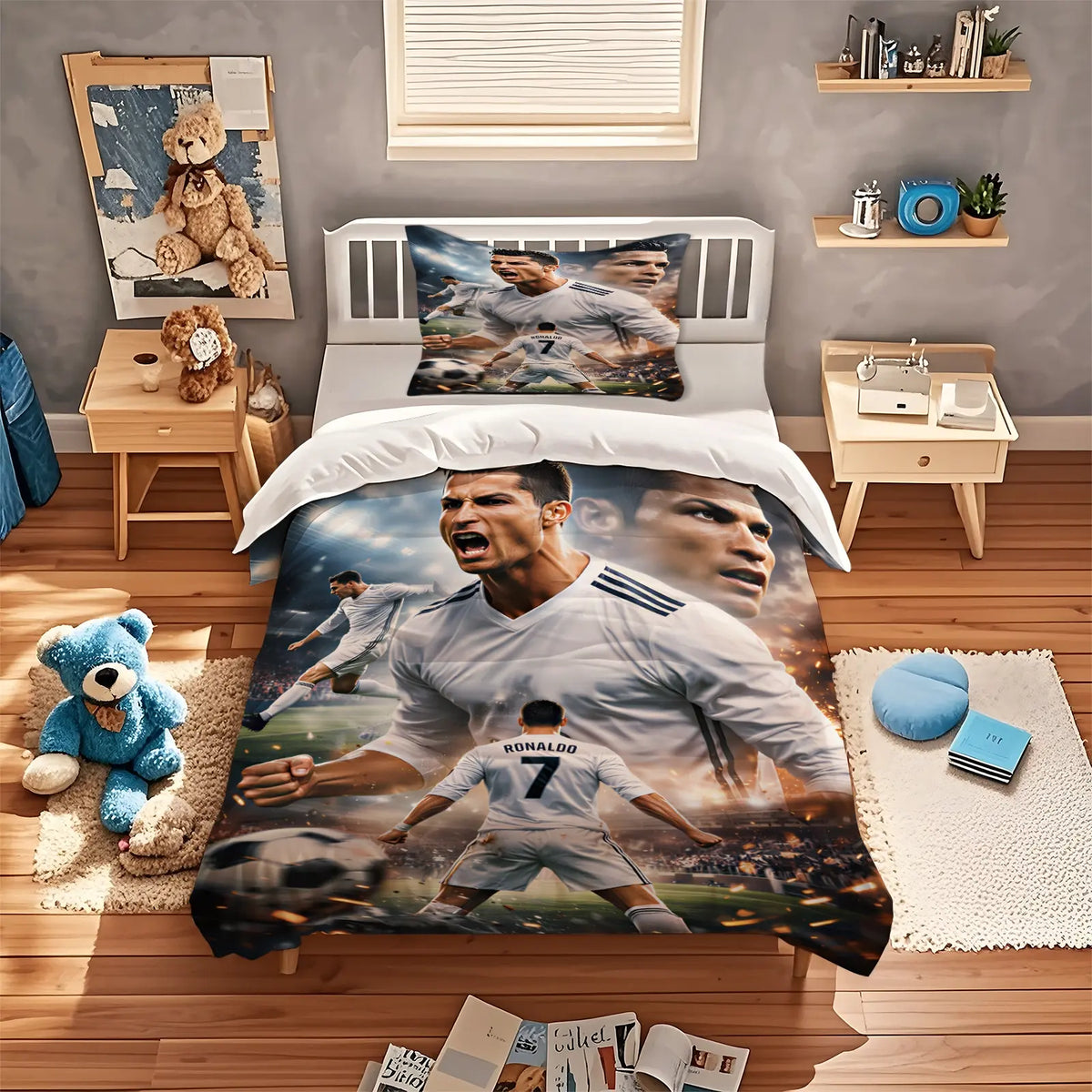 2/3Pcs Trending Soccer Star Illustration Decorative Duvet Cover Sets Theme Bedding Set, Soft Durable for Teens Sports Lovers Bedroom Dorm Decor (No Filler, No Pillow Inserts)