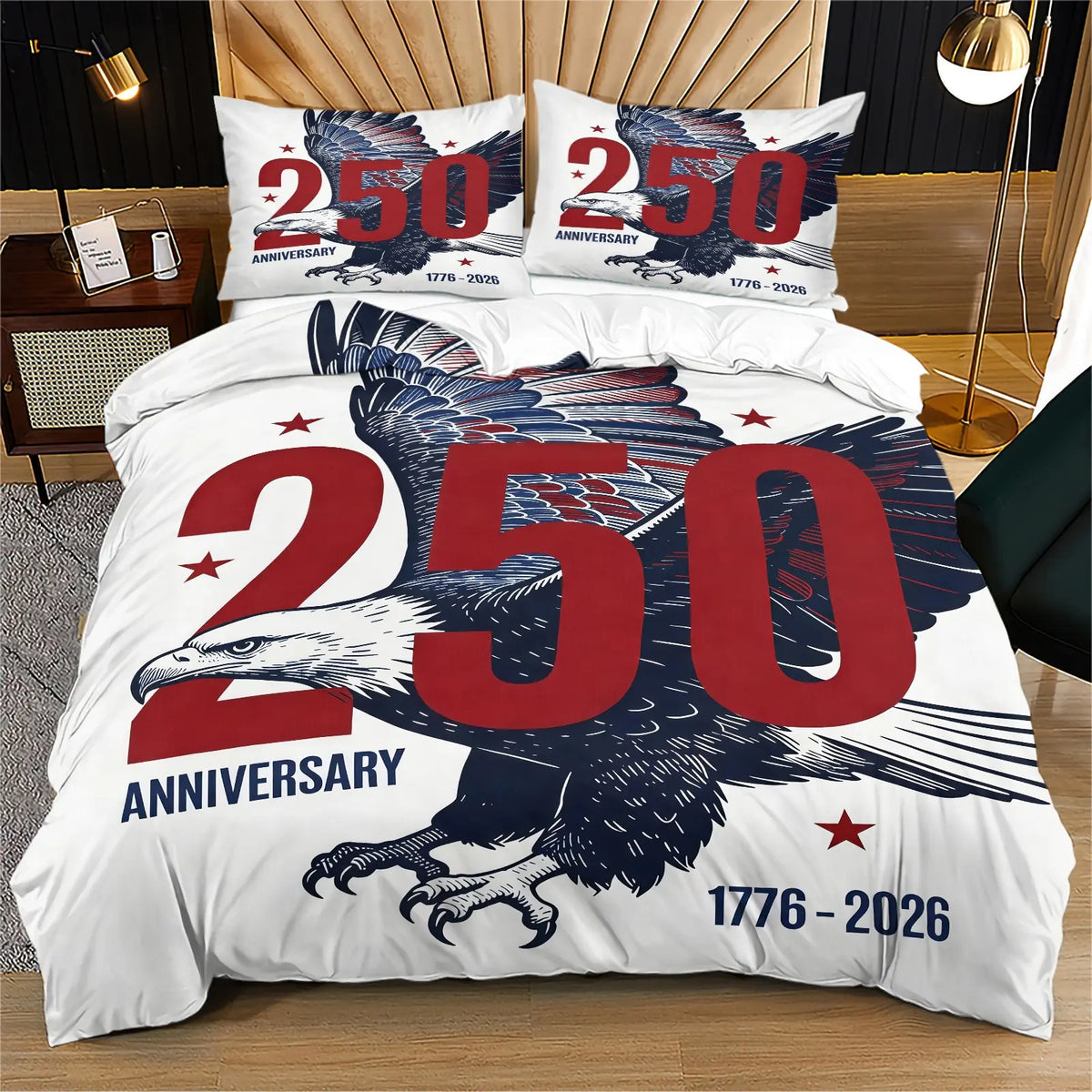American 250th Anniversary Pattern Quilt Cover Set, Soft And Comfortable Bedding Set (1 Duvet Cover + 1/2 Pillowcase, No Filler), Suitable For Teenagers And Adults, Bedroom, Dormitory, Guest Room Scene