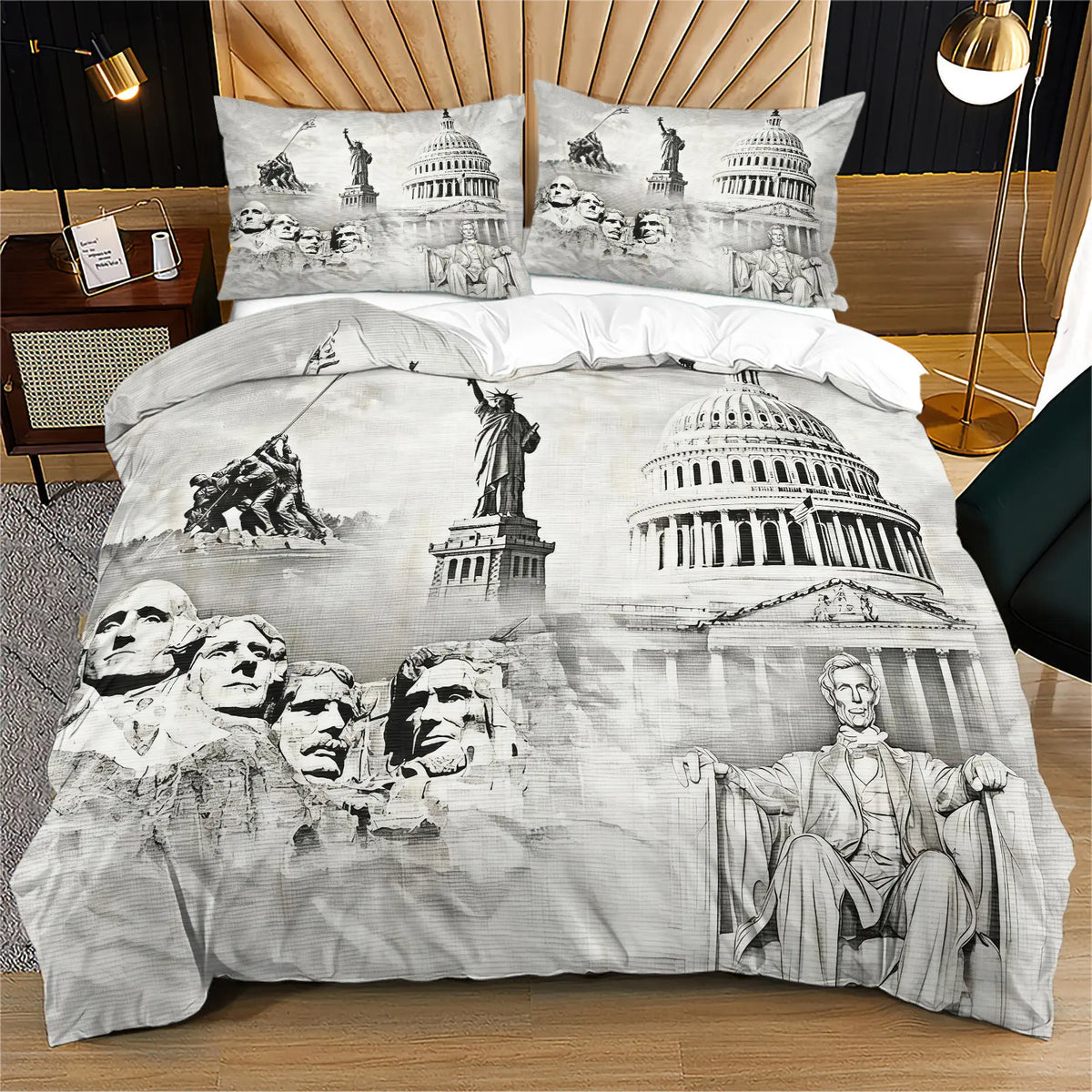 American 250th Anniversary Pattern Quilt Cover Set, Soft And Comfortable Bedding Set (1 Duvet Cover + 1/2 Pillowcase, No Filler), Suitable For Teenagers And Adults, Bedroom, Dormitory, Guest Room Scene
