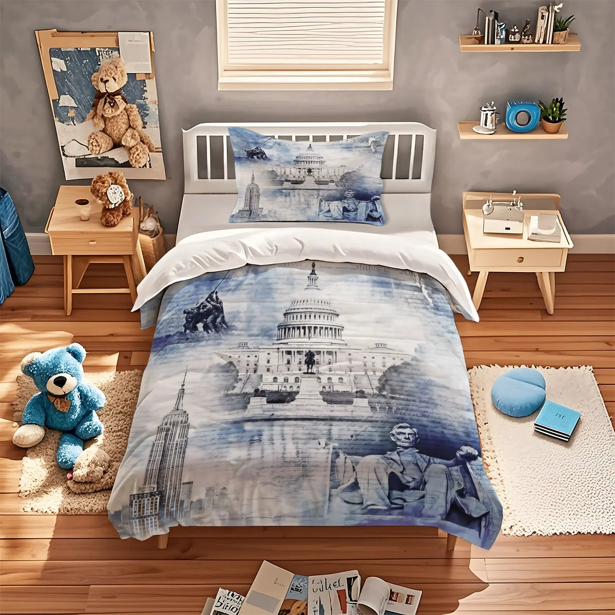 American 250th Anniversary Pattern Quilt Cover Set, Soft And Comfortable Bedding Set (1 Duvet Cover + 1/2 Pillowcase, No Filler), Suitable For Teenagers And Adults, Bedroom, Dormitory, Guest Room Scene