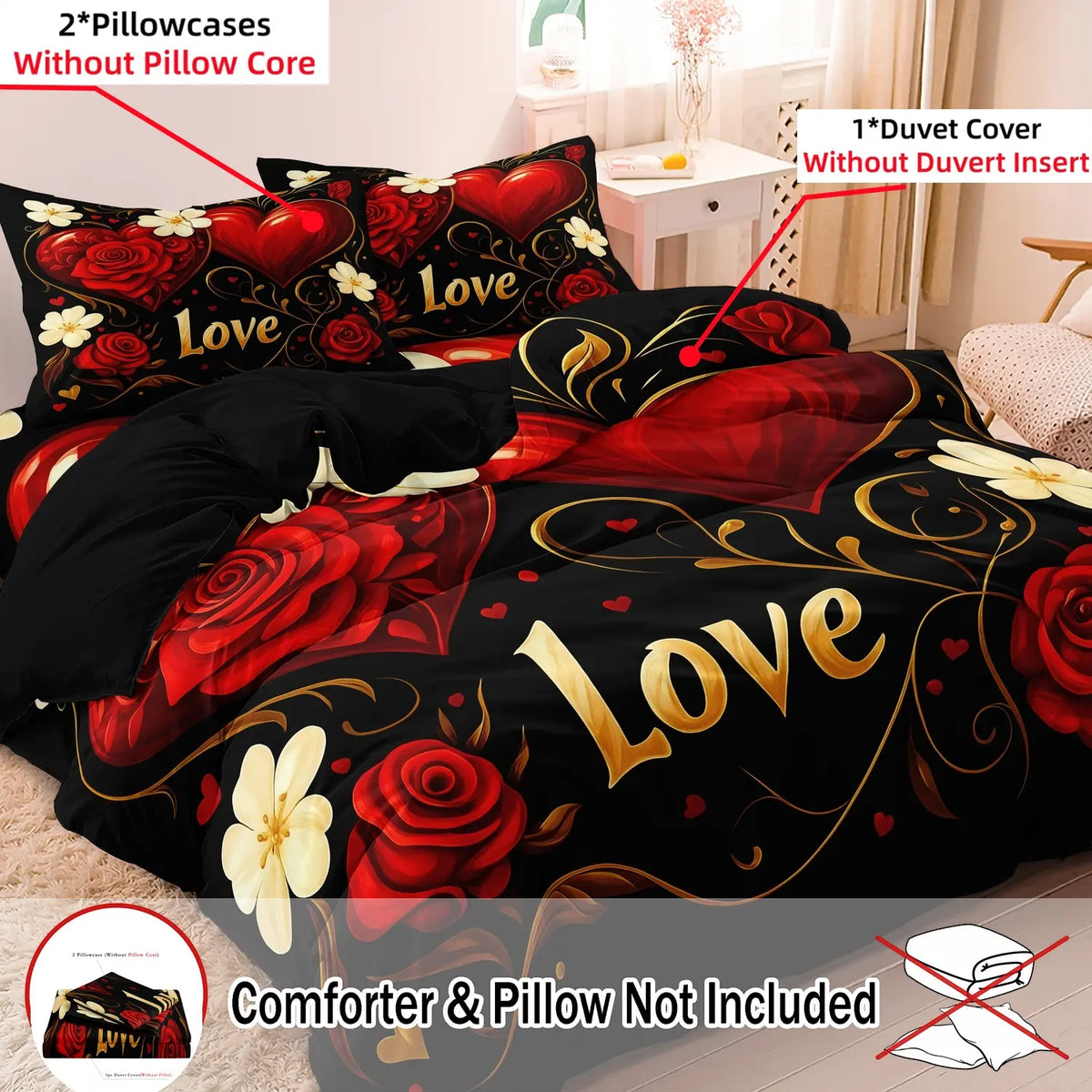 3 PCS Deep Red Rose Heart Design Duvet Cover Set, Bed Covers, Comfy Bedding Sets Decorative Bedding for Bedroom & Hotel, Holiday Gift (1 Duvet Cover + 2 Pillowcases, No Comforter, No Pillow Insert) #GLOBAL PICKS