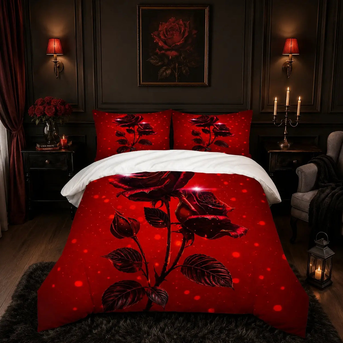 2/3Pcs Gothic Night‑Moon Red Rose Decorative Duvet Cover Set, Dark Romantic‑Style Digital Printed Bedding, No Core, Soft Machine‑Washable Quilt Cover, Perfect for Bedroom, Dorm & Gothic‑Style Enthusiasts, Ideal Home Decor Gift