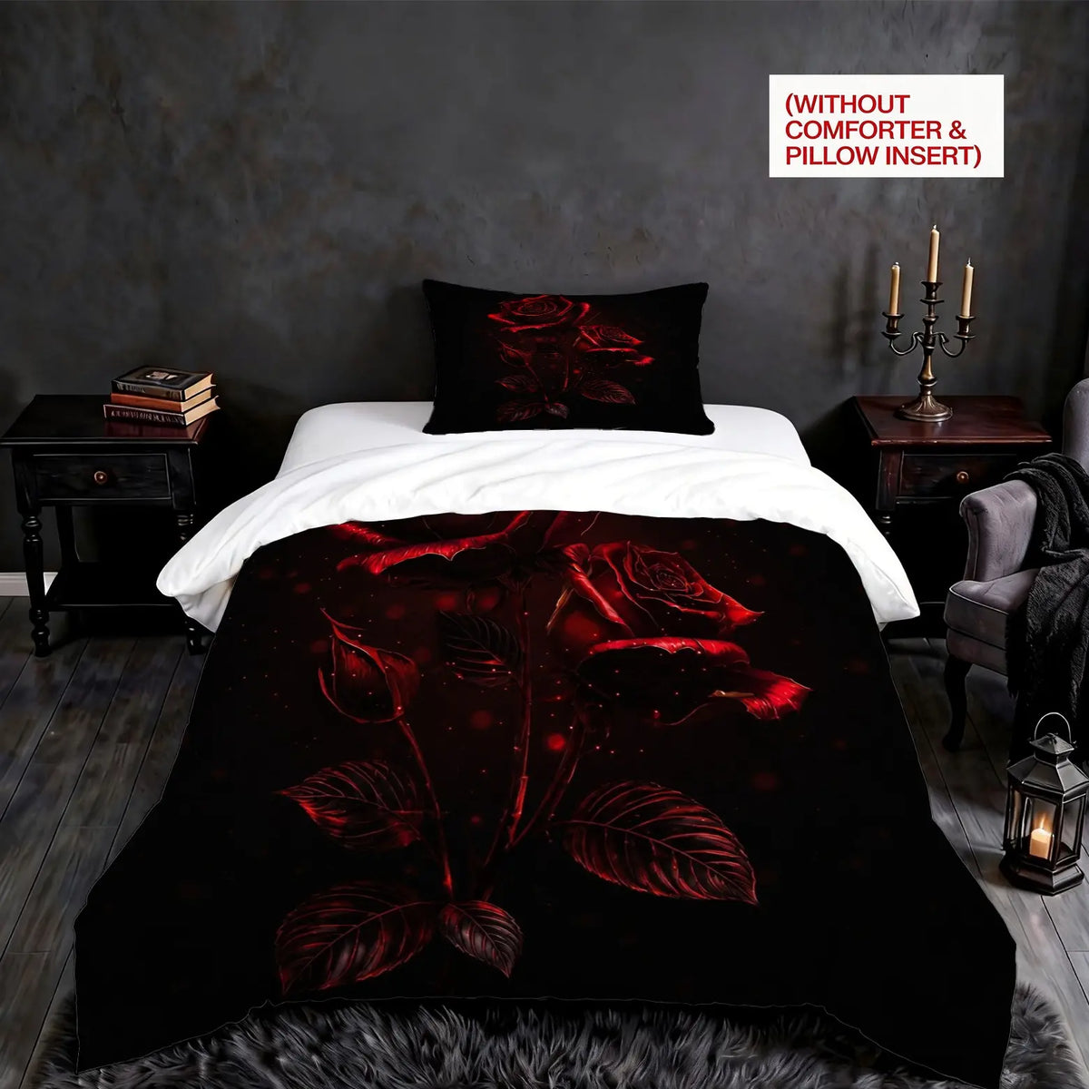 2/3Pcs Gothic Night‑Moon Red Rose Decorative Duvet Cover Set, Dark Romantic‑Style Digital Printed Bedding, No Core, Soft Machine‑Washable Quilt Cover, Perfect for Bedroom, Dorm & Gothic‑Style Enthusiasts, Ideal Home Decor Gift