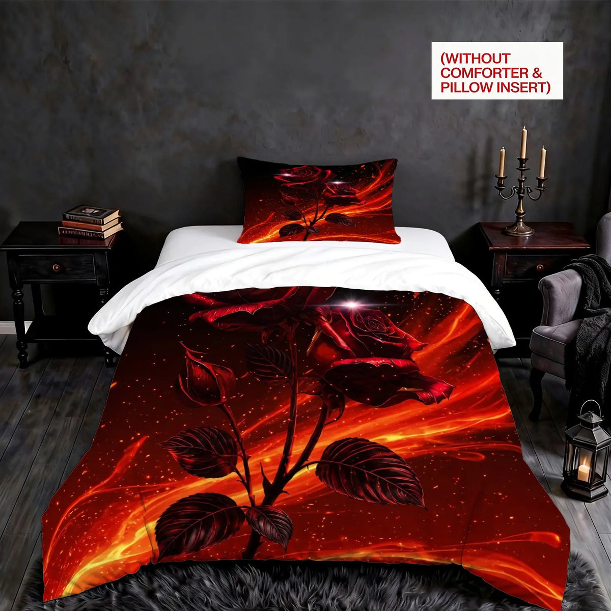 2/3Pcs Gothic Night‑Moon Red Rose Decorative Duvet Cover Set, Dark Romantic‑Style Digital Printed Bedding, No Core, Soft Machine‑Washable Quilt Cover, Perfect for Bedroom, Dorm & Gothic‑Style Enthusiasts, Ideal Home Decor Gift
