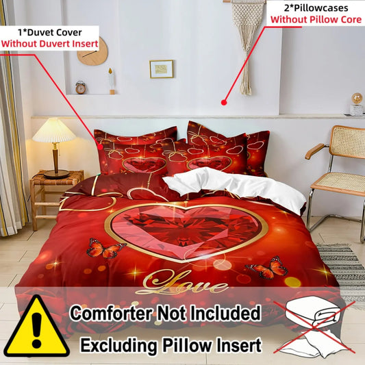 3pcs Red Heart Rose Floral Butterfly Letter Duvet Cover Set (1 Duvet Cover + 2 Pillowcases, No Comforter, No Pillow), High-Definition Print for Home and Dormitory
